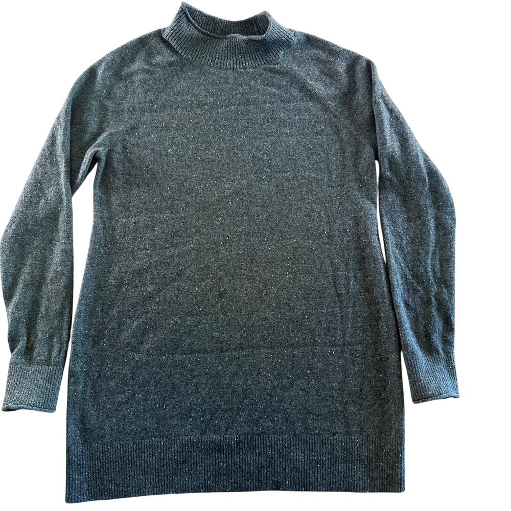 Lands' End Women's Teal Green Speckled Smal 100% Cashmere Long Mock Neck Sweater
